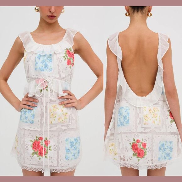 NWT $289 For Love & Lemons [ XS ] Aviana Mini Open Back Dress Ivory Floral T1913 - Picture 1 of 16